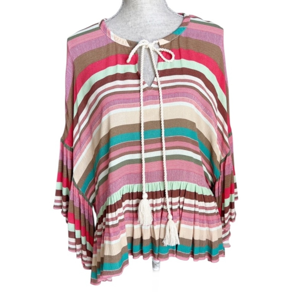 Boston Proper Striped Ruffle Flutter Bell Sleeve Tassel Tie Blouse Boxy Top M